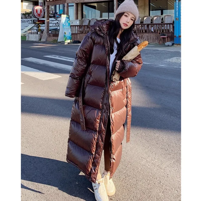 Chaqueta larga de plumón de Color Chocolate para mujer, abrigos de invierno Extra largos y gruesos, abrigos holgados de plumón de pato blanco, Parka de nieve con capucha para mujer