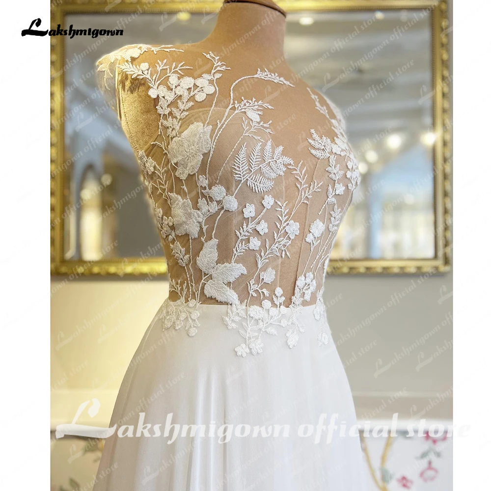 Lakshmigown Lace Illusion Wedding Dress For Bride Sexy Appliques Chic Bridal Party Gown Women Beach Vestidos De Noiva Mariage