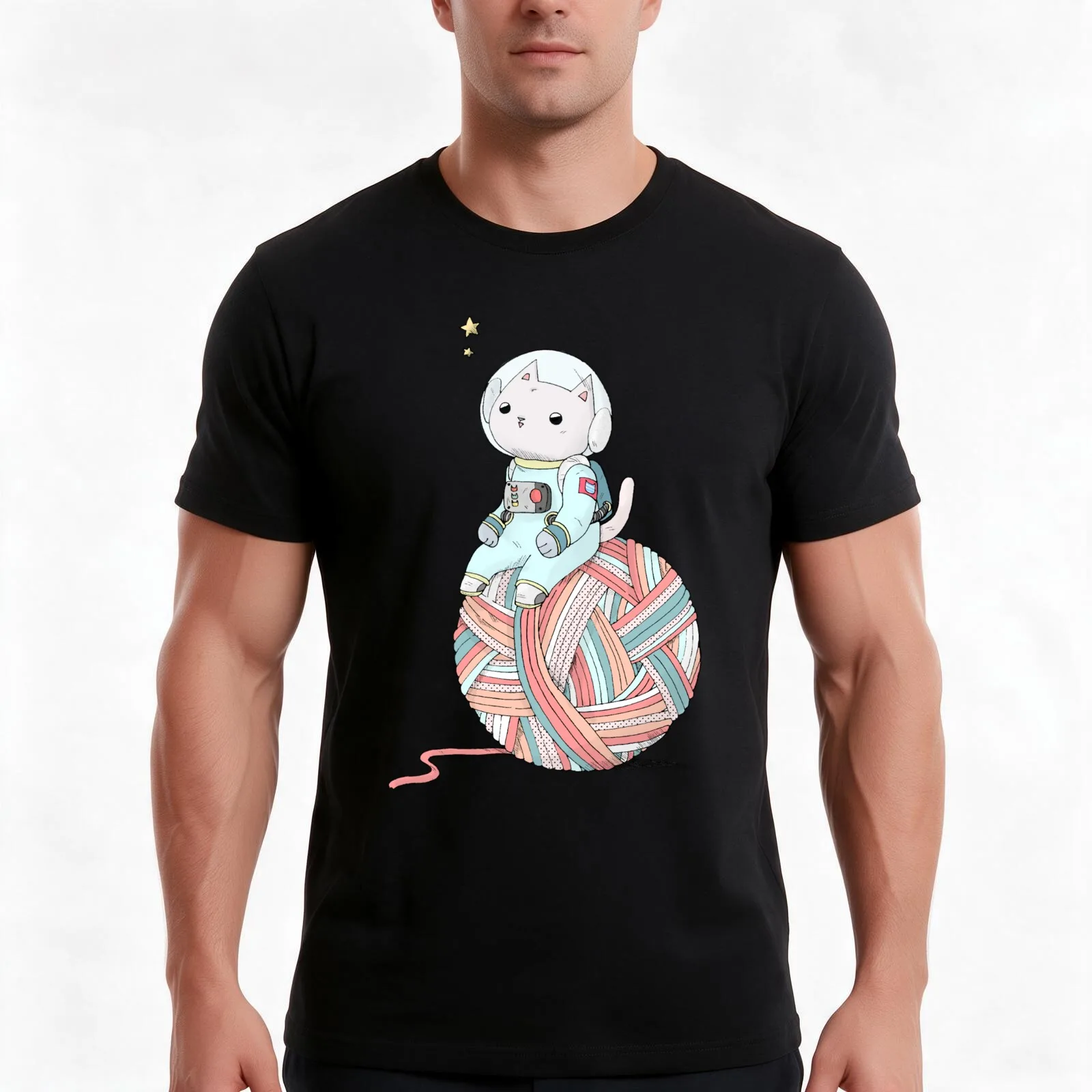 Space Cat on Planet Yarn Ball T-Shirt, Summer Casual Cotton Tee, Oversized Streetwear Tops, Vintage Graphic Print, 100% Cotton
