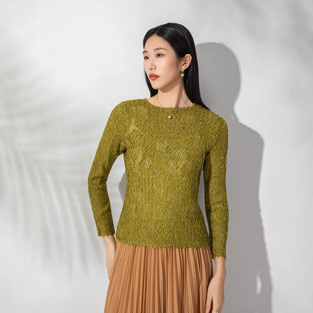 

Miyake Design Pleated Stand-up Collar Long-sleeved T-shirt Female New Versatile Round Neck Slim Thin Blouse Sunscreen Clothing