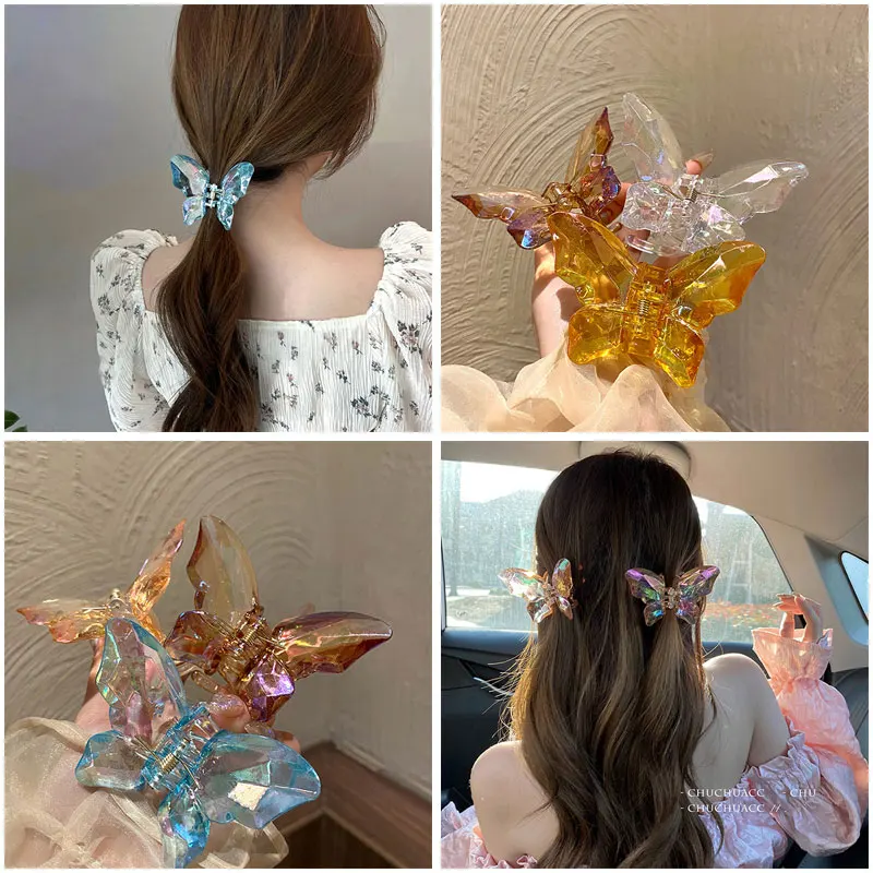 Korean Butterfly Hair Claw Clips for Women Girl Acrylic Crystal Transparent Shark Hair Clip Butterfly Hairpin Hair Accessories