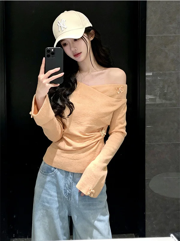 

Warm Orange Top Women's Spring New Style Casual Fit Knot Slant Shoulder T-Shirt Korean Style Small Audience
