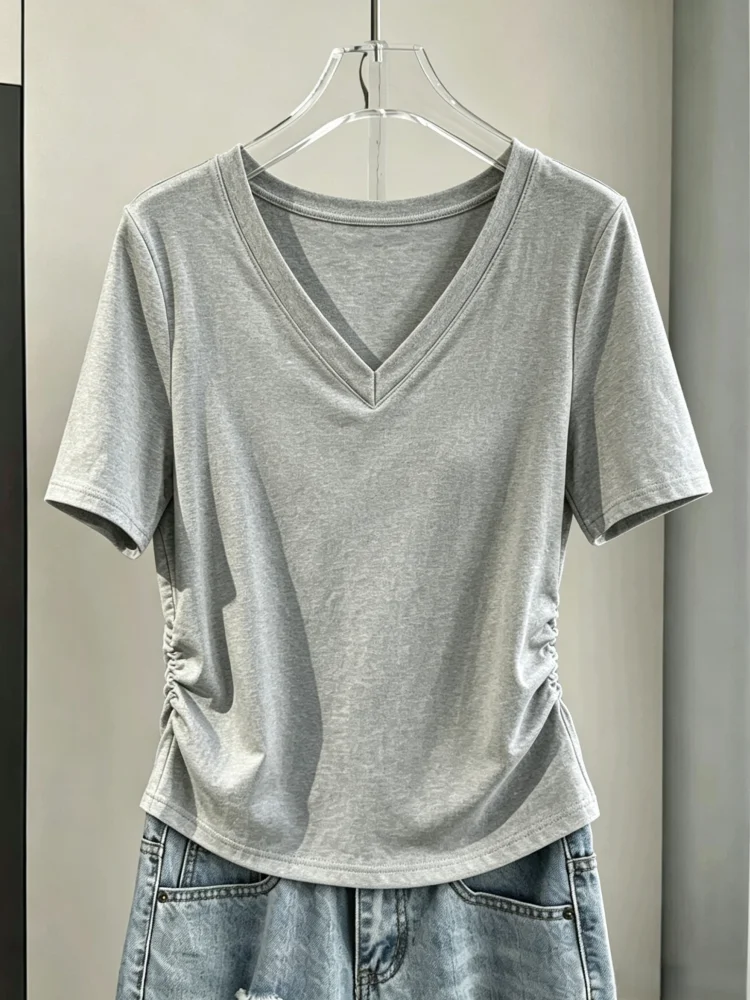 

Summer Women's V-Neck Short Sleeve T-Shirt 95 Cotton Loose Fit Slimming Large Size Comfortable Pure Color Casual Top