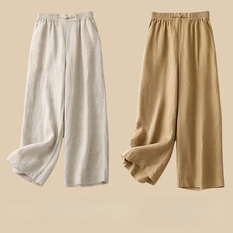 High Waist Wide Leg Pants Women's Cotton Linen Buttoned Summer Casual Nine Points Loose Fit Slimming Personality Trousers
