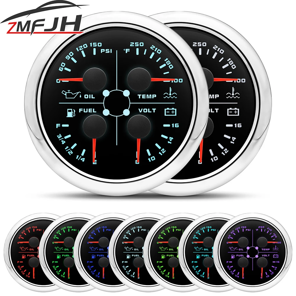 

85mm Digital 4 In 1 Gauge Car Fuel Level Oil Pressure Water Temp Gauge Voltmeter For Marine Boat Multi-function Car Meter 12V24V