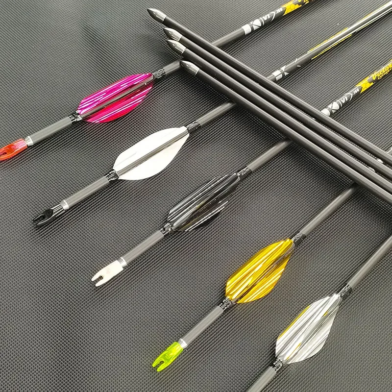 

12 шт., 30,5 дюйма, ID4,2 мм, стрела из чистого углерода, Spine350-900 с вращающимися лопастями 1,8 дюйма, вигнутый лук со спиральным пером, охотничья стрельба