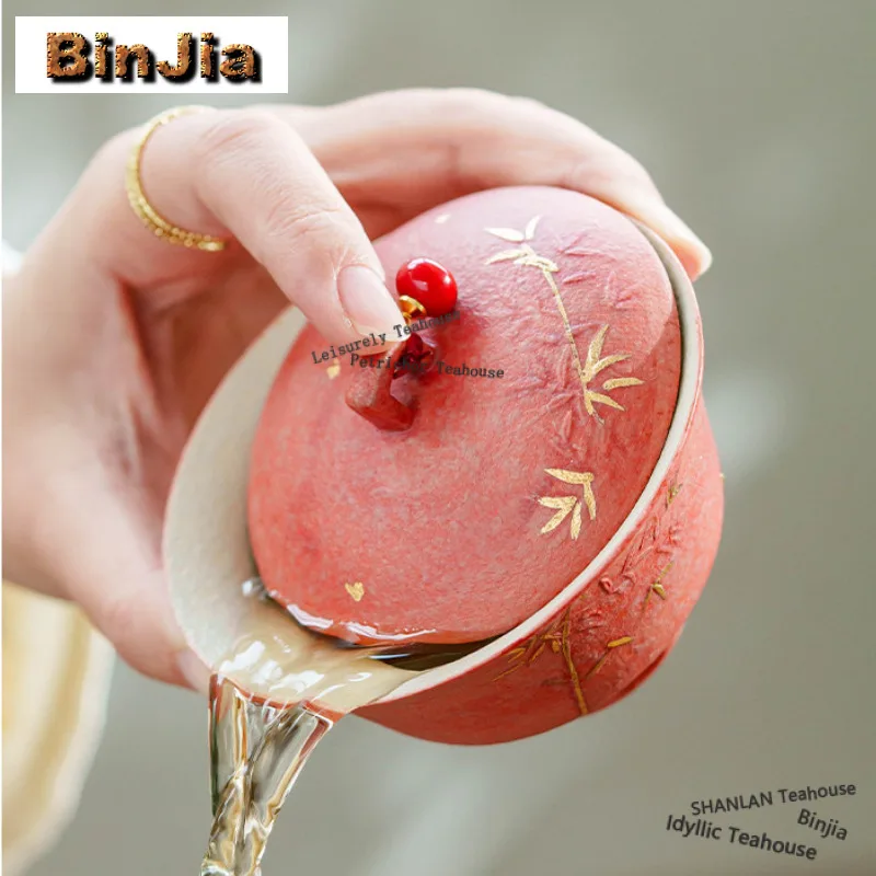85ml Sakura Pink Gold Drawing Bamboo Gaiwan Luxury Tea Tureen Tea Bowl With Lid Kit Tea Making Cover Bowl Drinkware Collection