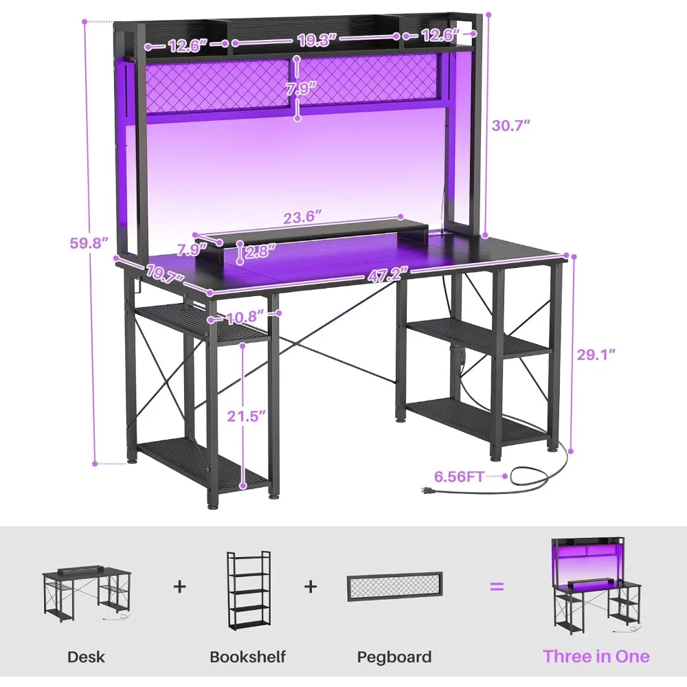 48'' Upgrade Gaming Desk with Hutch, LED Lights and Outlets, Reversible with Pegboard and Monitor Stand, Gaming Table