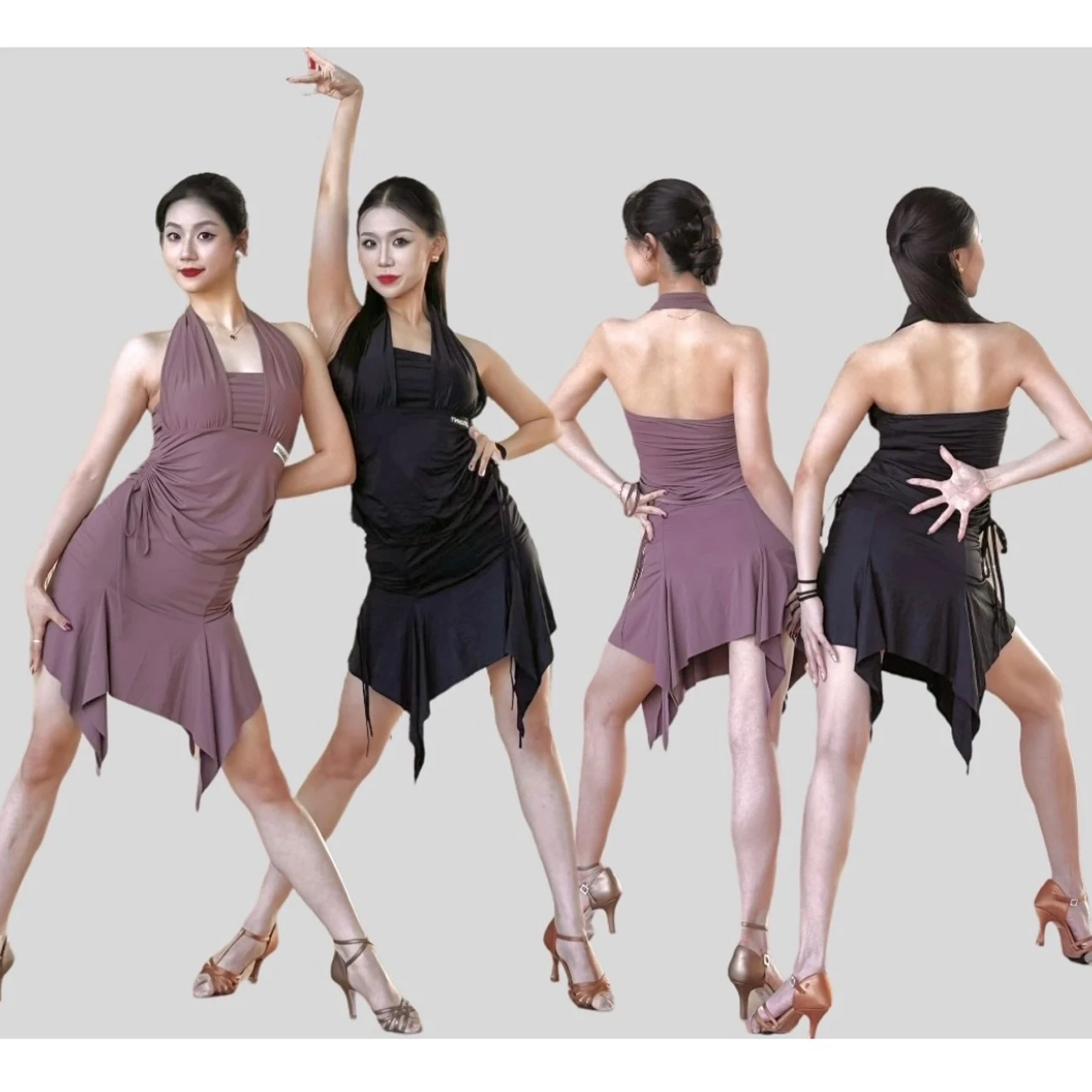 

Одежда для латинских танцев, женские топы с лямкой на шее и шнурком, юбка нестандартной формы, платье для танцевальной практики румбы, ча-ча, танцевальная одежда для взрослых NV25807