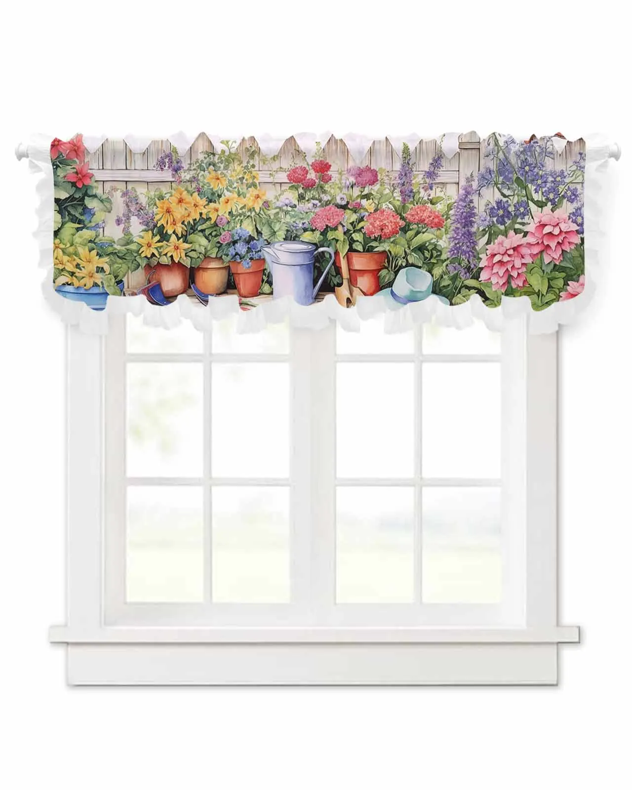 Watercolor Country Garden Plant Flower Short Tulle Half Curtains for Living Room Kitchen Door Cafe Window Sheer Valance Drapes