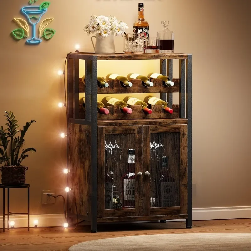 Armoire de bar à vin avec poignées amovibles, porte-verre T1, café de ferme, port USB, lumières LED