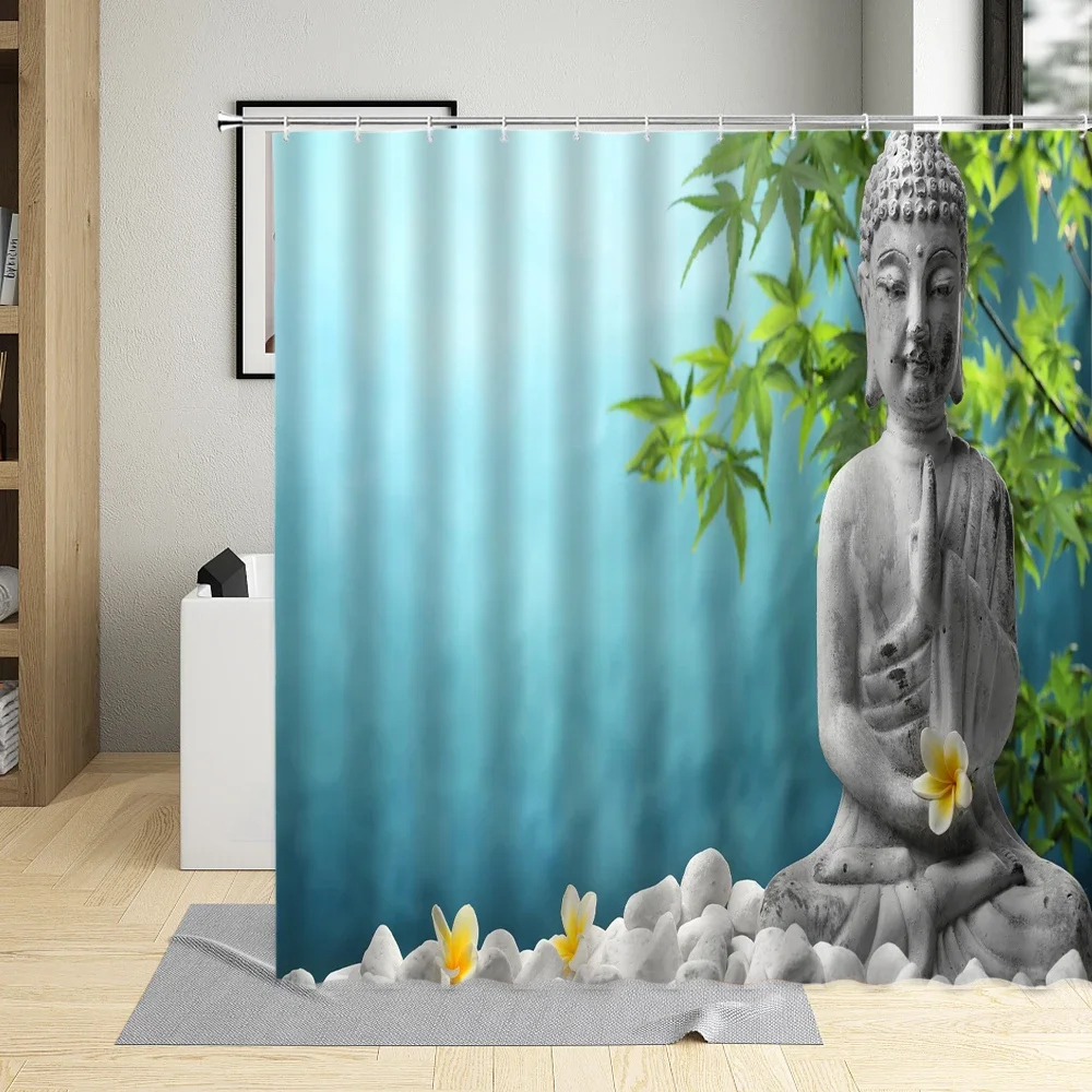 Vintage Buddha Zen Shower Curtains Black Stone Green Bamboo Orchid Spa Asian Bath Curtain Polyester Fabric Bathroom Decor Hooks