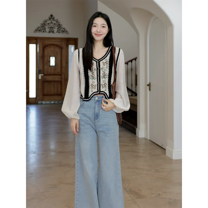 

Heavyweight Hollow out Hook Flower Splicing Fake Two-Piece Versatile Design Ethnic Style Women's Summer Top