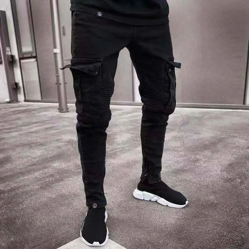 Men's Black Side Many Pockets Cargo Jeans Fashion Hole Zipper Small Foot Denim Pants Cotton Elastic Jogging Trousers Streetwear