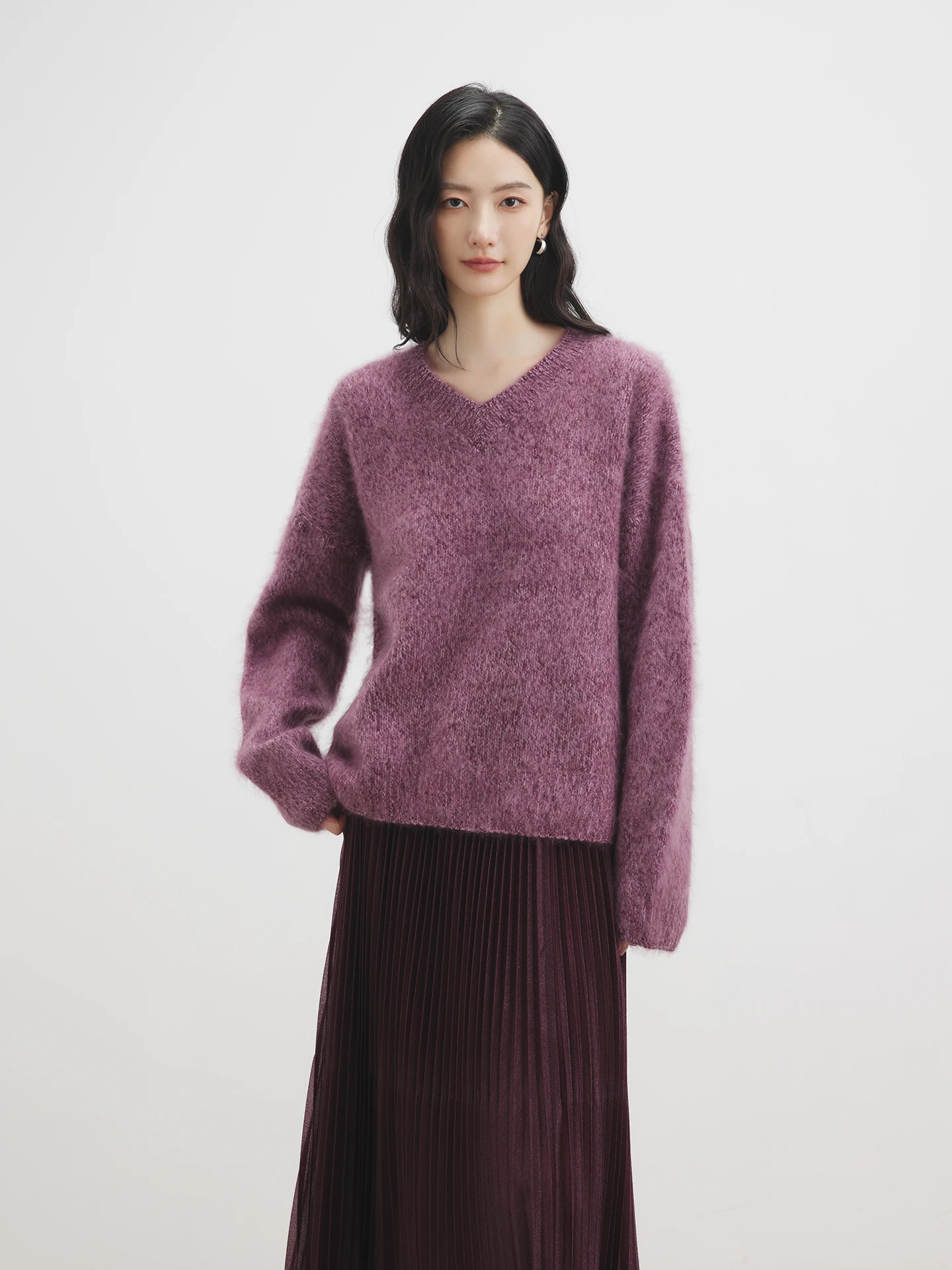 

Annata Thiened Woolen V-ne Sweater Women's Soft Warm Long Sve Knitted Top Mis Purple Color Commute Sle Straight Cut