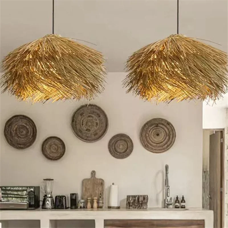 Japan Wabi Sabi Led E27 Pendant Lights Rattan Straw Hat Chandelier Nordic Retro B&B Suspend Lamp Retro Raffia Decor Droplight