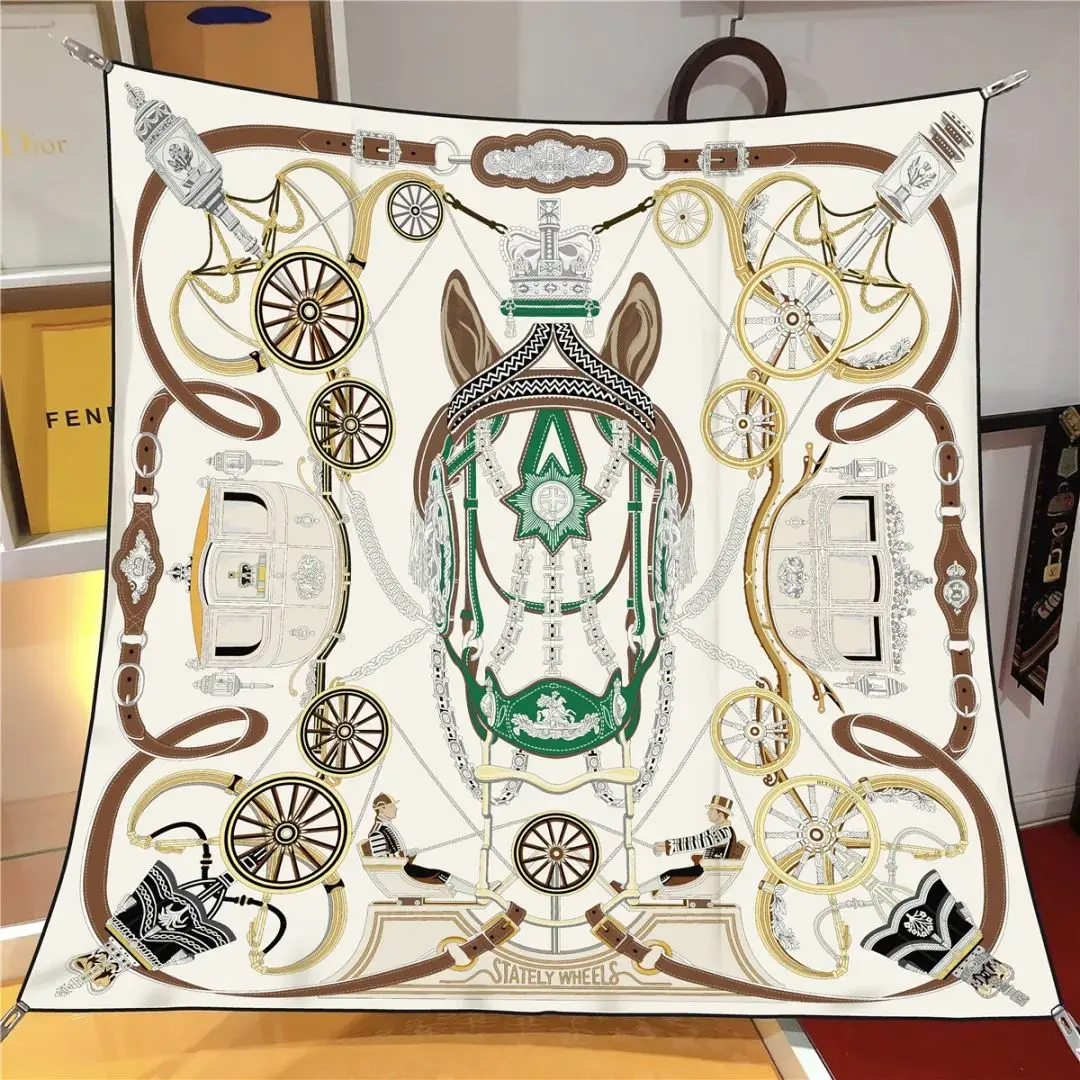 90*90CM Kopftuch Vier Jahreszeiten Luxus Quadratische Seidenschals Europa Und Amerika Mode Bandanas Neue Twill Print Sonnenschutz Schals – Detail 13