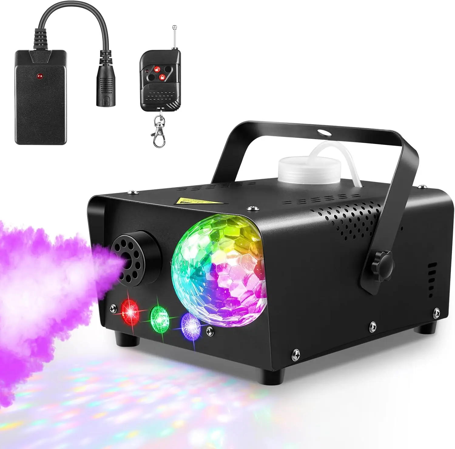 

Fog Machine, Halloween Smoke Machine with 3 Color LED Lights and Disco Light, WirelRemote Control