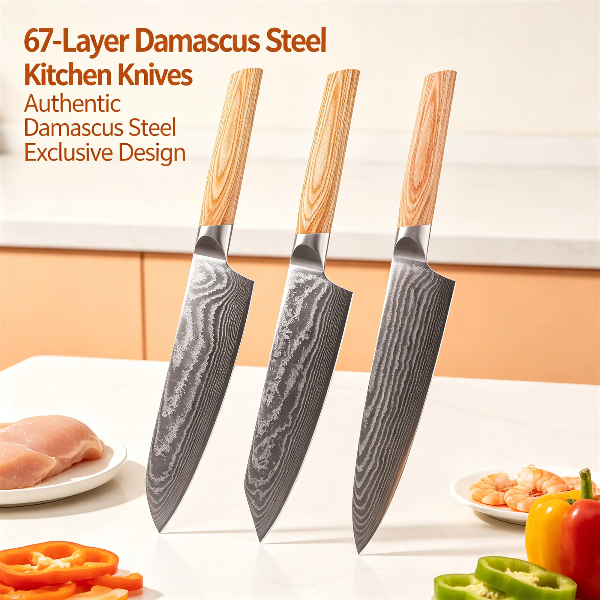 1/2/3pcs High Quality Knives Set Damascus Steel 67 Layers Chef Knife Cleaver Knife BBQ Fruit Slicing Cutting Knife Kitchen Tools