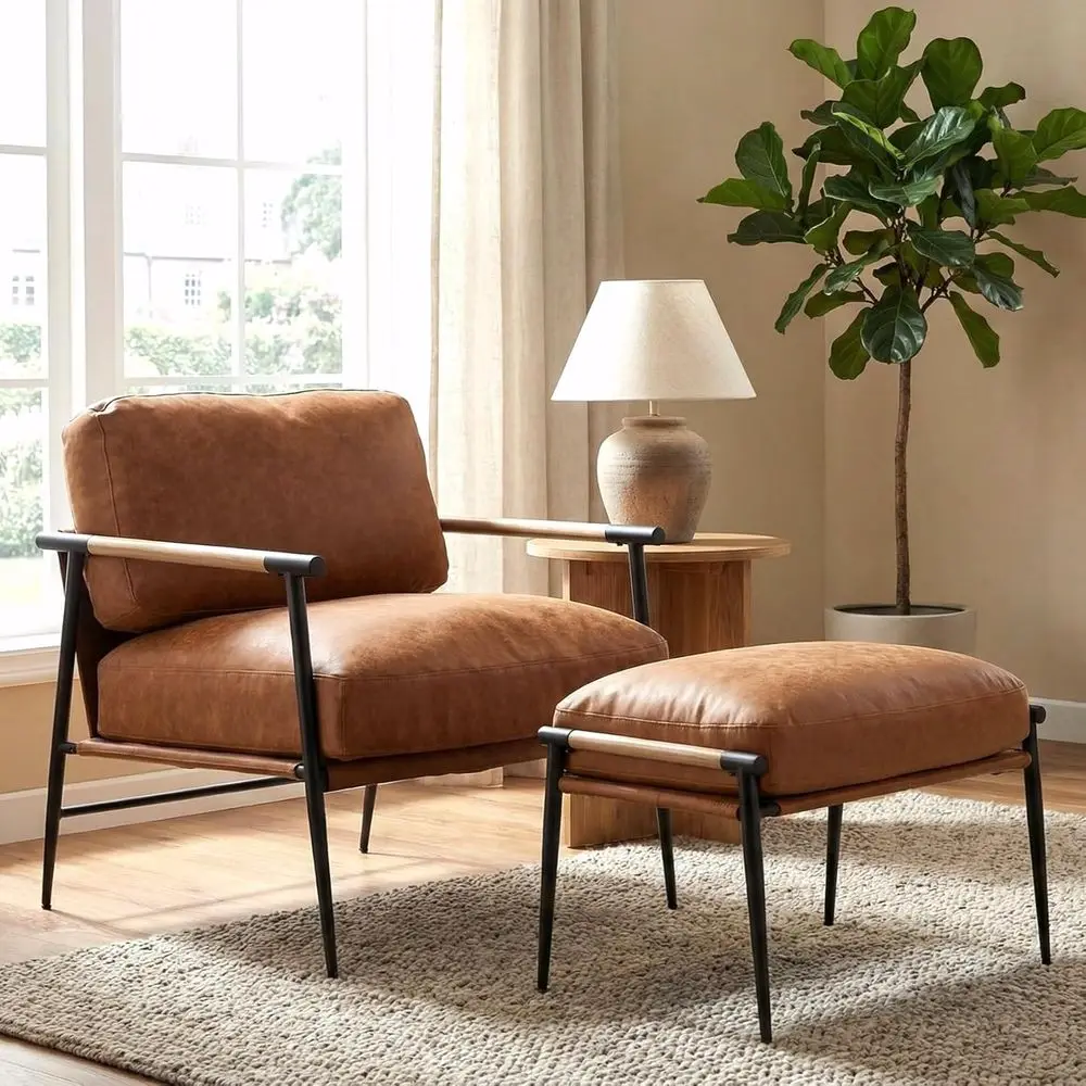 

Mid-Century Inspired PU Leather Accent Chair with Ottoman, Wooden Arms, Brown