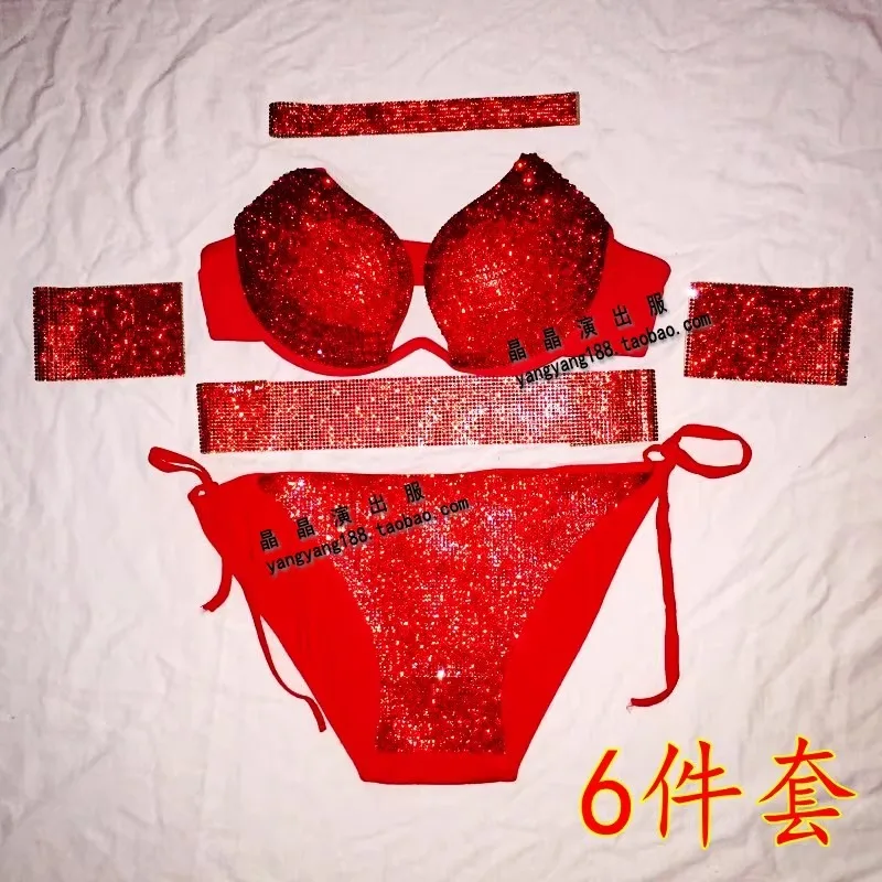 Customized Bikini Water Sparkling Bright Diamond Stage Bra Set Underwear Pole Dance Performance Dress Bellydance Bras Customes
