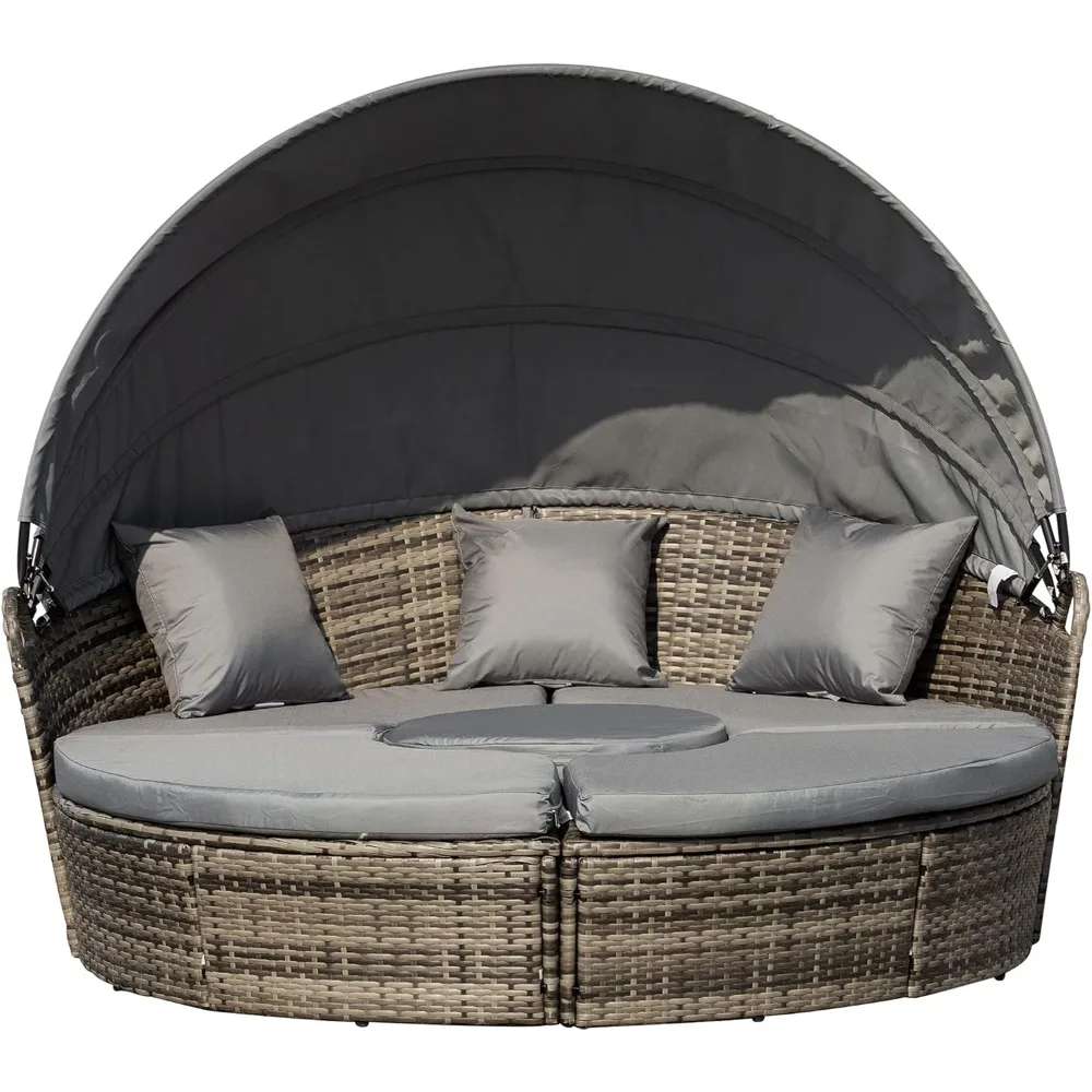 

4-Piece Round Convertible Daybed with Cushions, Outdoor PE Rattan Patio Wicker Sofa Set, Sunbed with Adjustable Sun Canopy, Sec