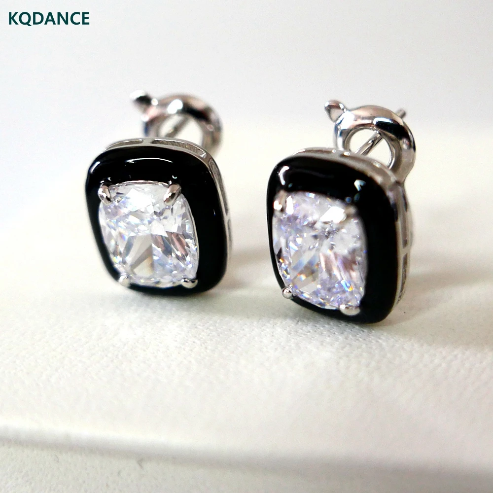 KQDANCE  High Craft 925 Sterling Silver Cushion Cut White High Carbon Diamond And Black Enamel Earrings With Clips Women Jewelry