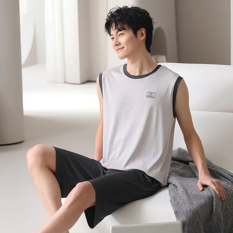 Korean Fashion Ice Silk Homewear For Summer Men's Sleeveless Sleeping Top Pant Pajamas Set L-3XL Pjs Pyjamas Homme Dropship