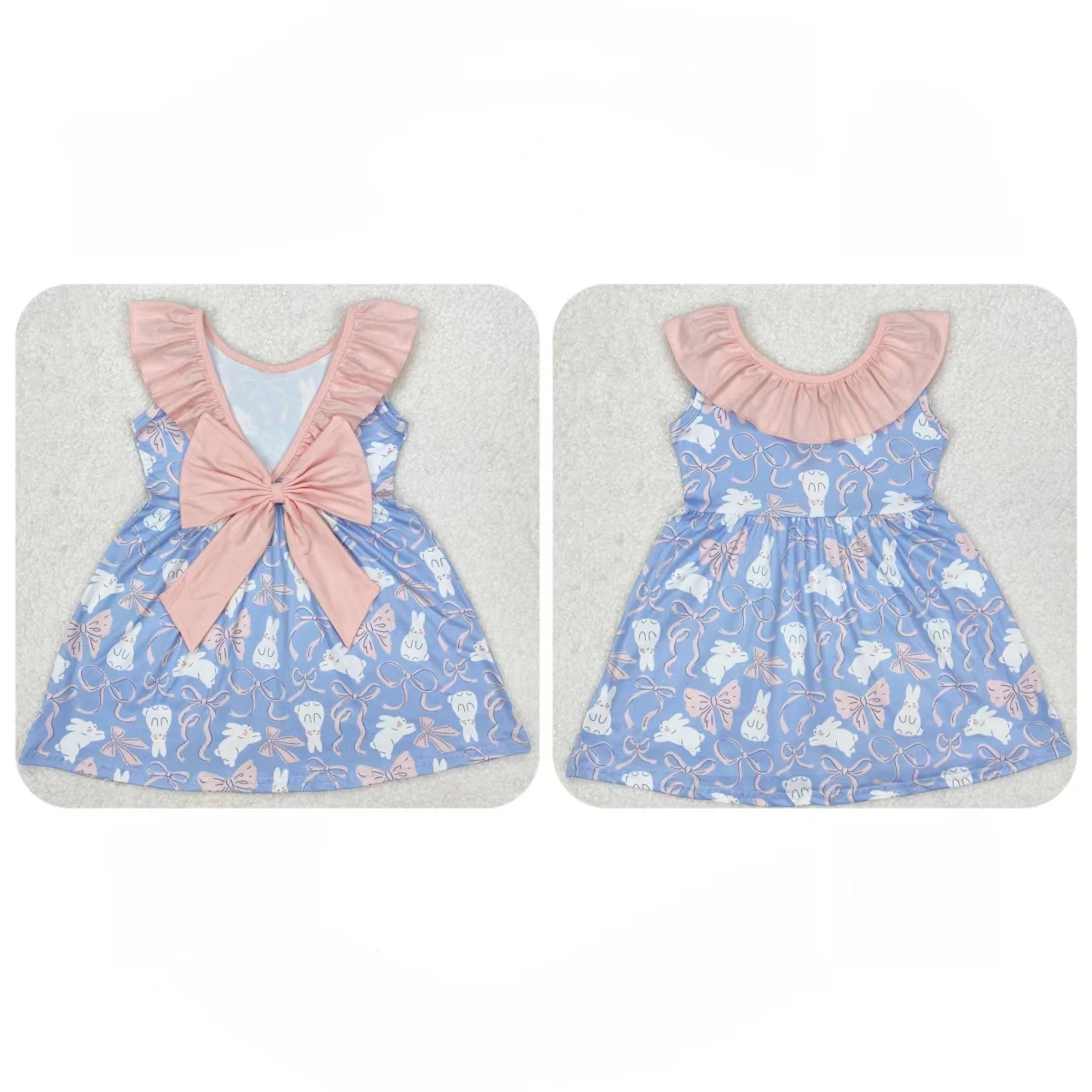 Wholesale Infant Toddler Sleeveless Rabbits Bows Ruffle Dress Kids Children Easter Knee Length Baby Girl Blue Clothes