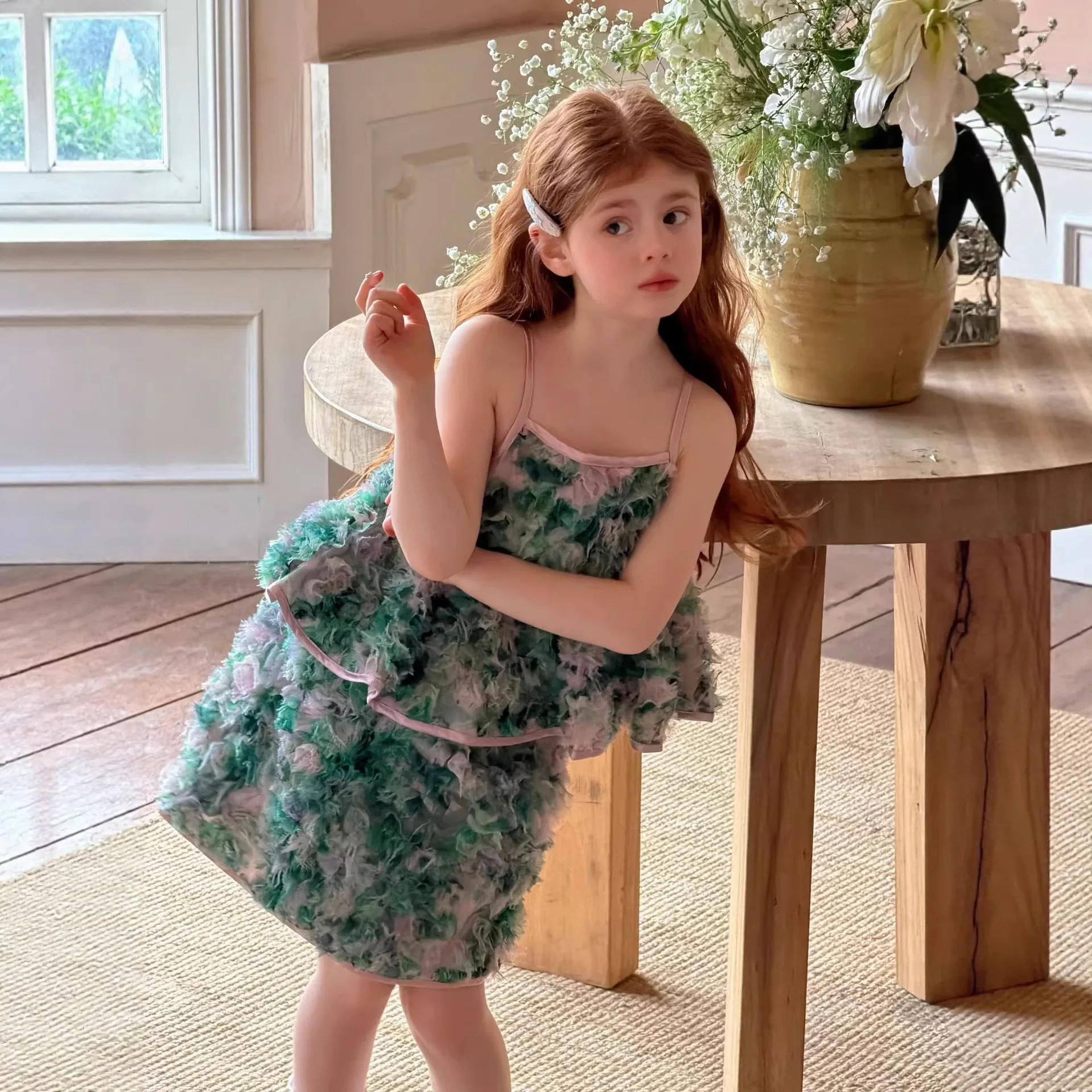 

Girls Floral Mesh Strap Set 2026 Spring Summer New Fashion Girls Sweet Vest Short Skirt Two Piece Set