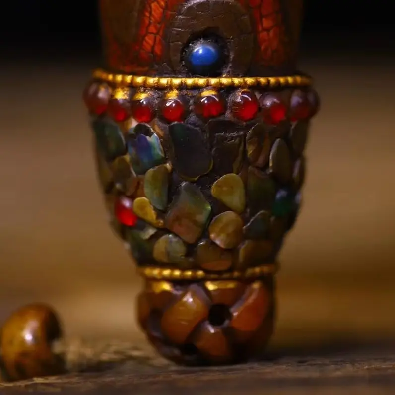 6”Tibetan Temple Collection Old Natural Agate Filigree Mosaic Gem gZi Beads Shell Nine Eyed Buddha Beads Pendant Amulet Exorcism