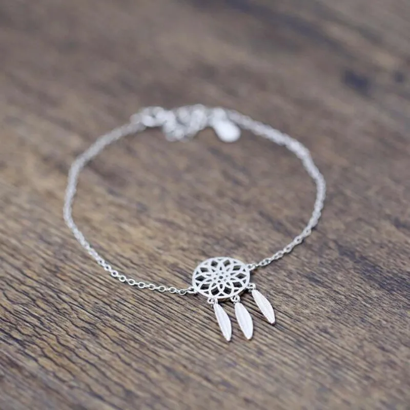 Hot Sale Fashion 925 Sterling Silver Bracelets Dream Catcher With Feathers Stylish Ethnic Style Female Bracelets  SL064