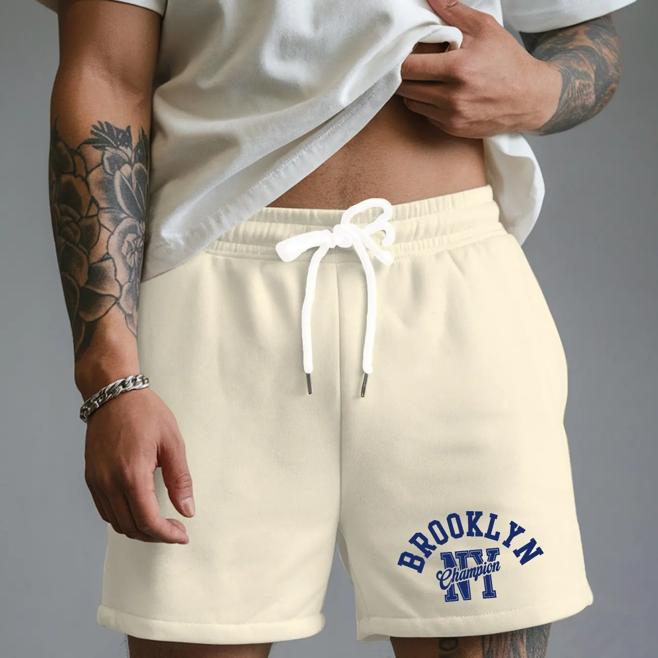 Men's Summer Brooklyn New York Letter Print Casual Shorts Loose Fit Elastic Waistband with Drawstring Suitable for Everyday Wear