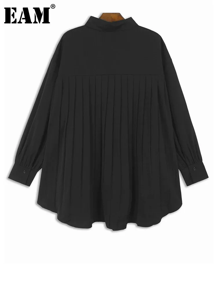 

[EAM] Women Black Apricot Back Pleated Big Size Blouse New Lapel Long Sleeve Shirt Fashion Tide Spring Autumn 2024 1DH6768