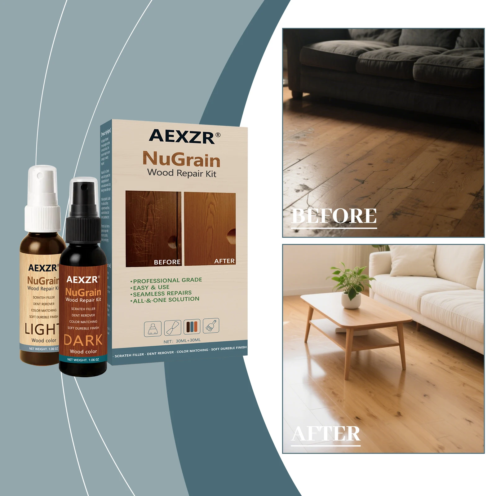 Wood Repair Kit Scratch Dent Concealer Double-Bottle Wood Scratch Repair Kit for Light Dark Wood Furniture Floors Cabinets