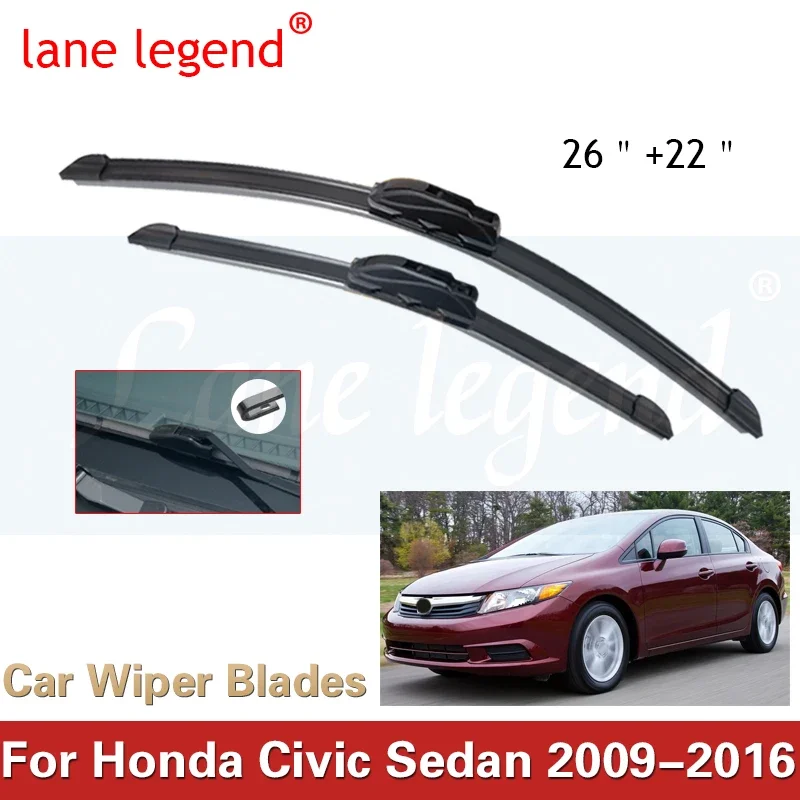 Lâminas do limpador dianteiro para Honda Civic Sedan, acessórios do cortador de escovas, U J Hook, 2009, 2010, 2011, 2012, 2013, 2014, 2015, 2016