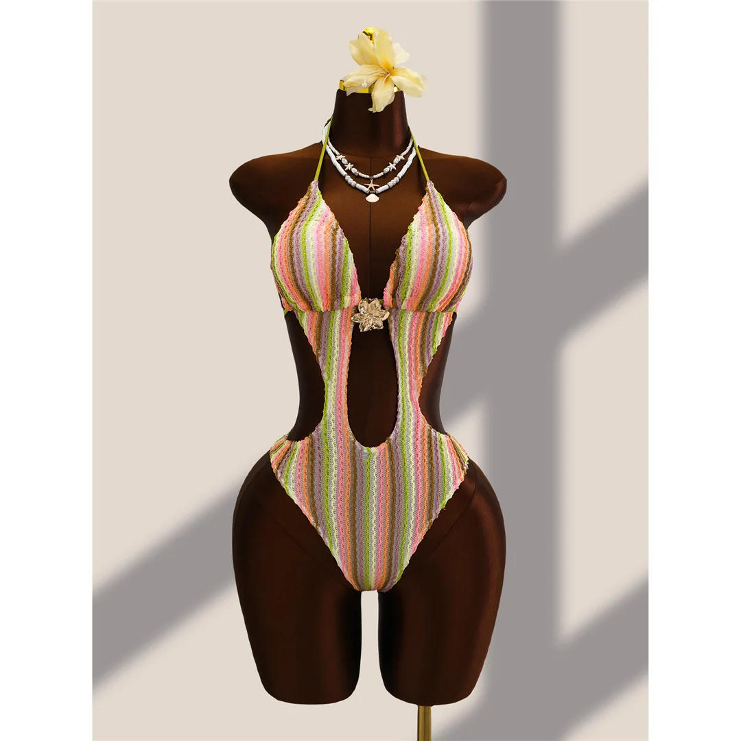 Gestreifter, farbenfroher, ausgeschnittener, einteiliger Badeanzug mit Neckholder für Damen, Monokini mit hohem Beinausschnitt, Badebekleidung, Badeanzug, Schwimmanzug V8304 – Detail 10