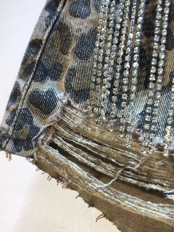 Shorts Vaqueros Cortos de Mezclilla para Mujer, Estampado de Leopardo, Estilo Americano, Primavera Verano, Cintura Alta, con Diamantes y Borlas, Estilo A-line