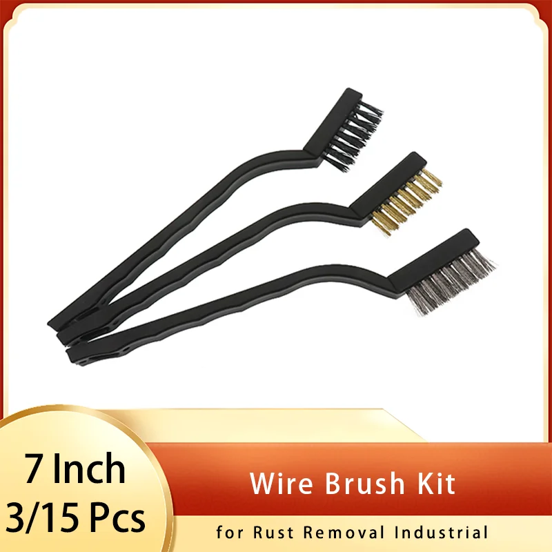 7Inch Wire Brush Kit 3/15Pcs Brass steel nylon wire for Mechanical Part Derusting Remove Paint Accessories Stainless Steel Wire