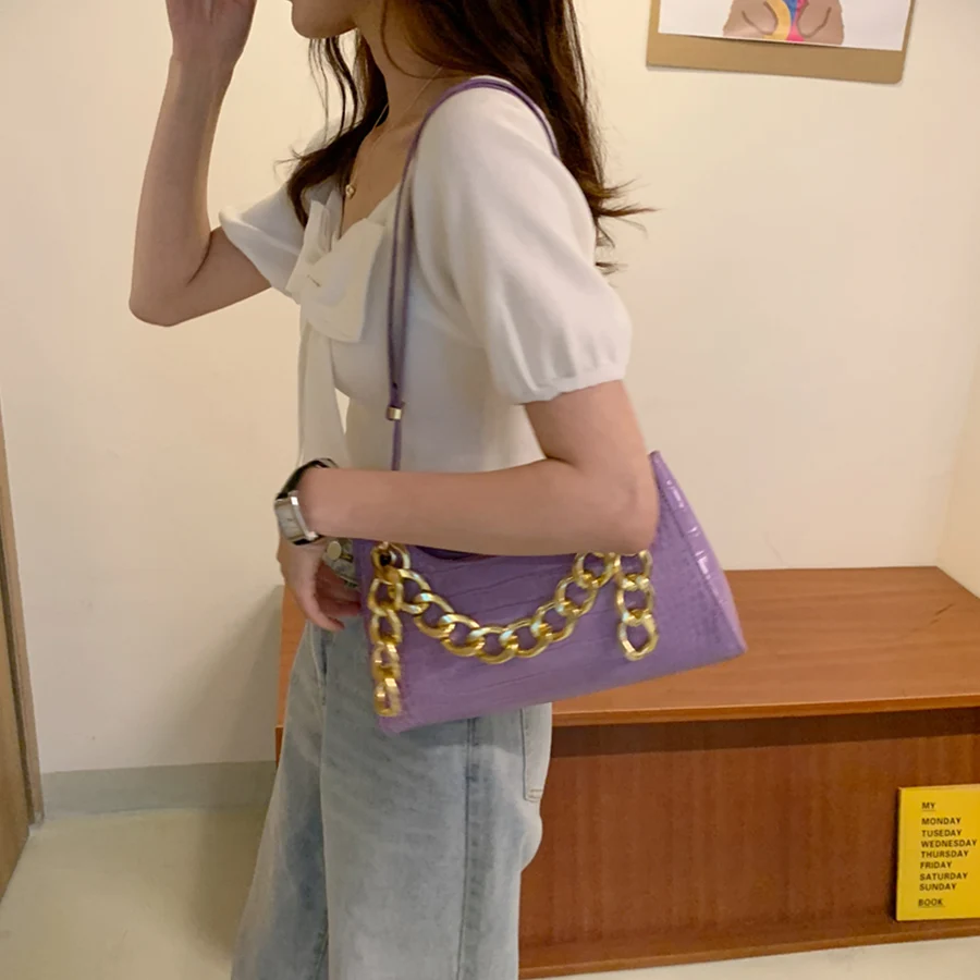 Fashion PU Leather Thick Chain Tote Bags for Women Alligator Pattern Armpit Handbag Female Small Underarm Messenger Bag Purse ﻿