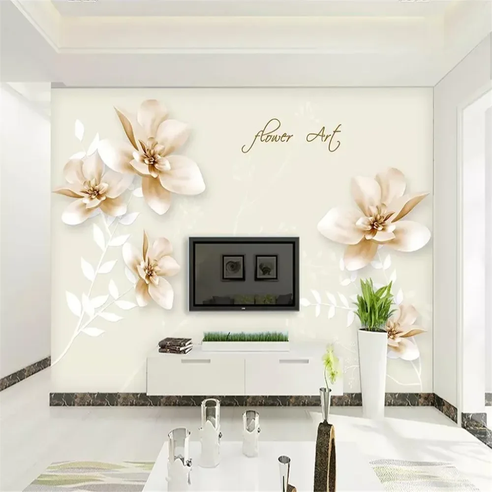 Papel de parede mural flor branca para sala, mural personalizado moderno, 3D Photo Roll, decoração moderna criativa