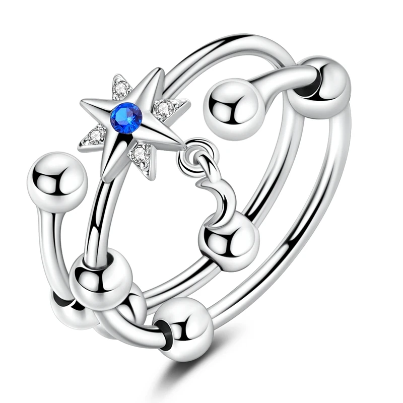 Women's Blue Star Clover Adjustable Ring, 925 Sterling Silver