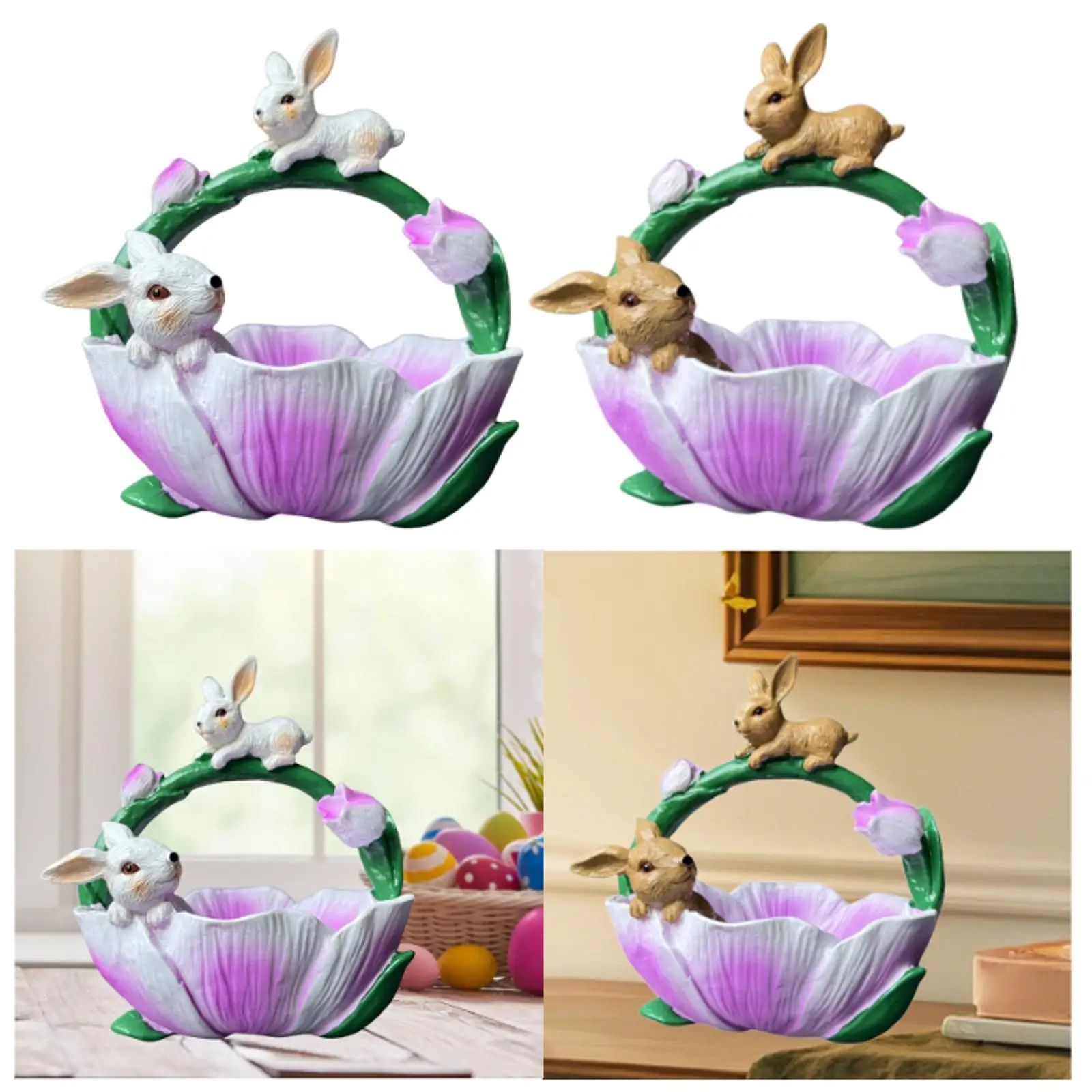 

Easter Bunny Figure Basket Multipurpose Art Crafts Decorative Ornaments Resin Sculpture for Home Office Desktop Bedroom Cabinet