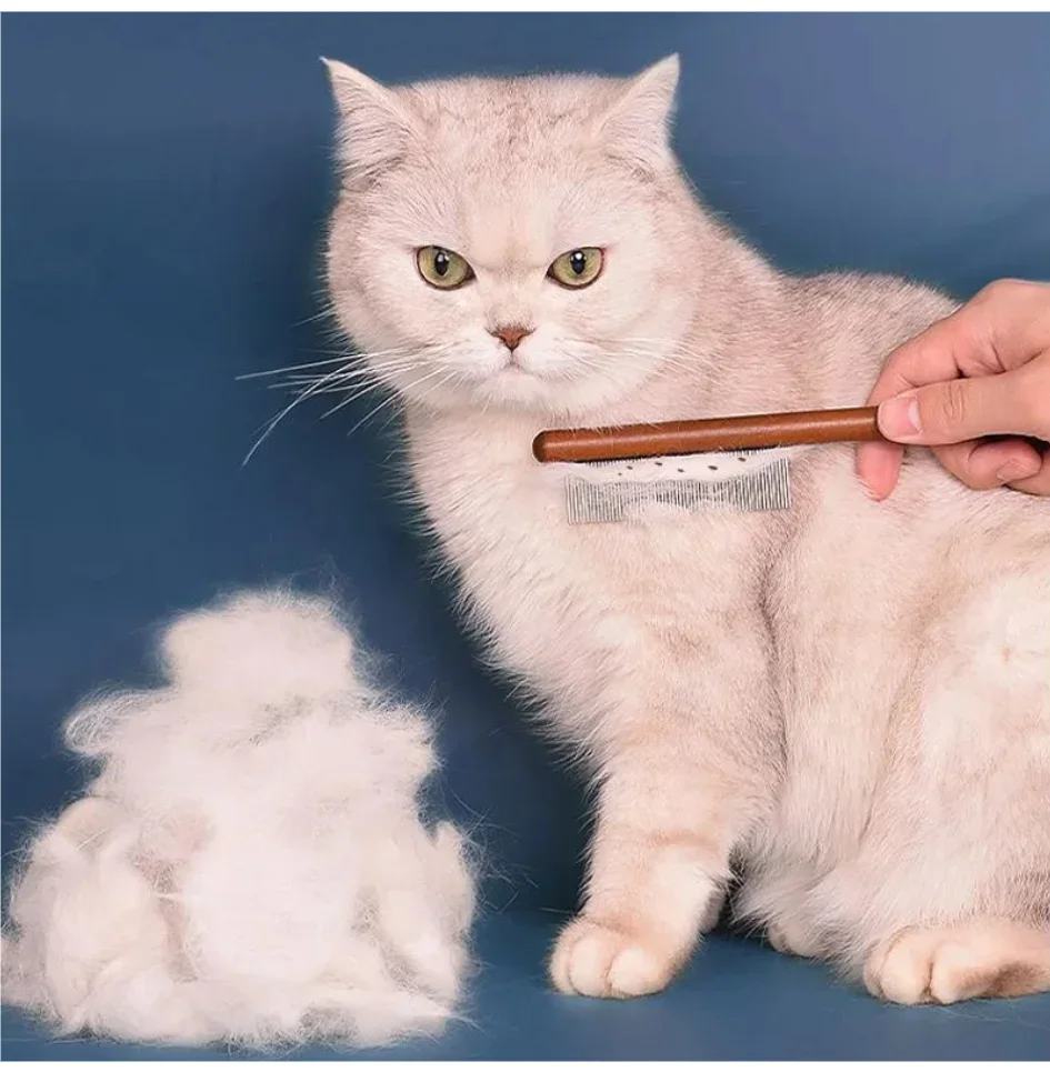 Peine de pelo de gato sólido con mango de madera, cepillo para el cuidado de mascotas, herramienta de limpieza para perros, peine para gatos, accesorios para gatos, removedor de pelo de acero inoxidable para mascotas