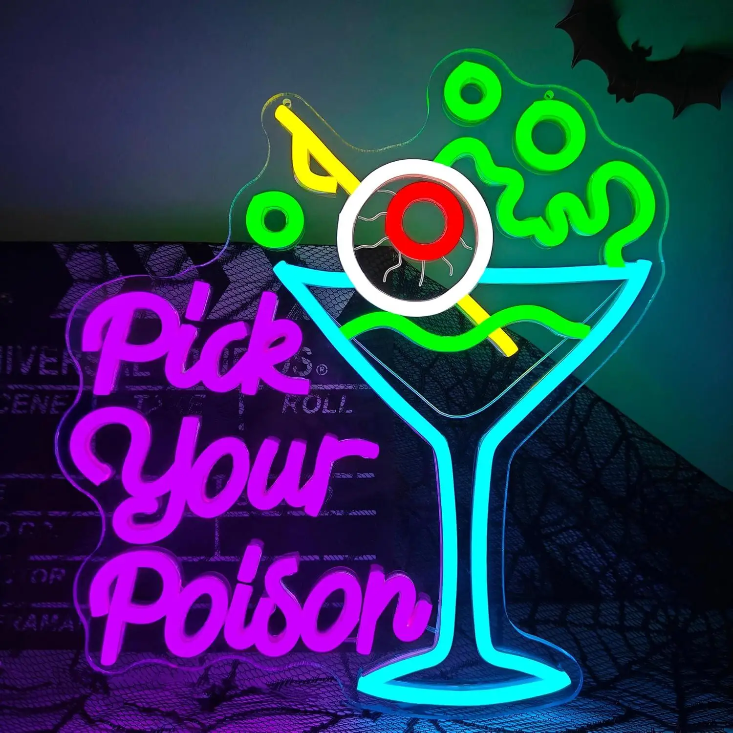 Pick Your Poison Neon Sign Halloween Cocktail Eyeball Pattern Light For Bar Pub Bedroom Dorm Holiday Party Decoration Decor Gift