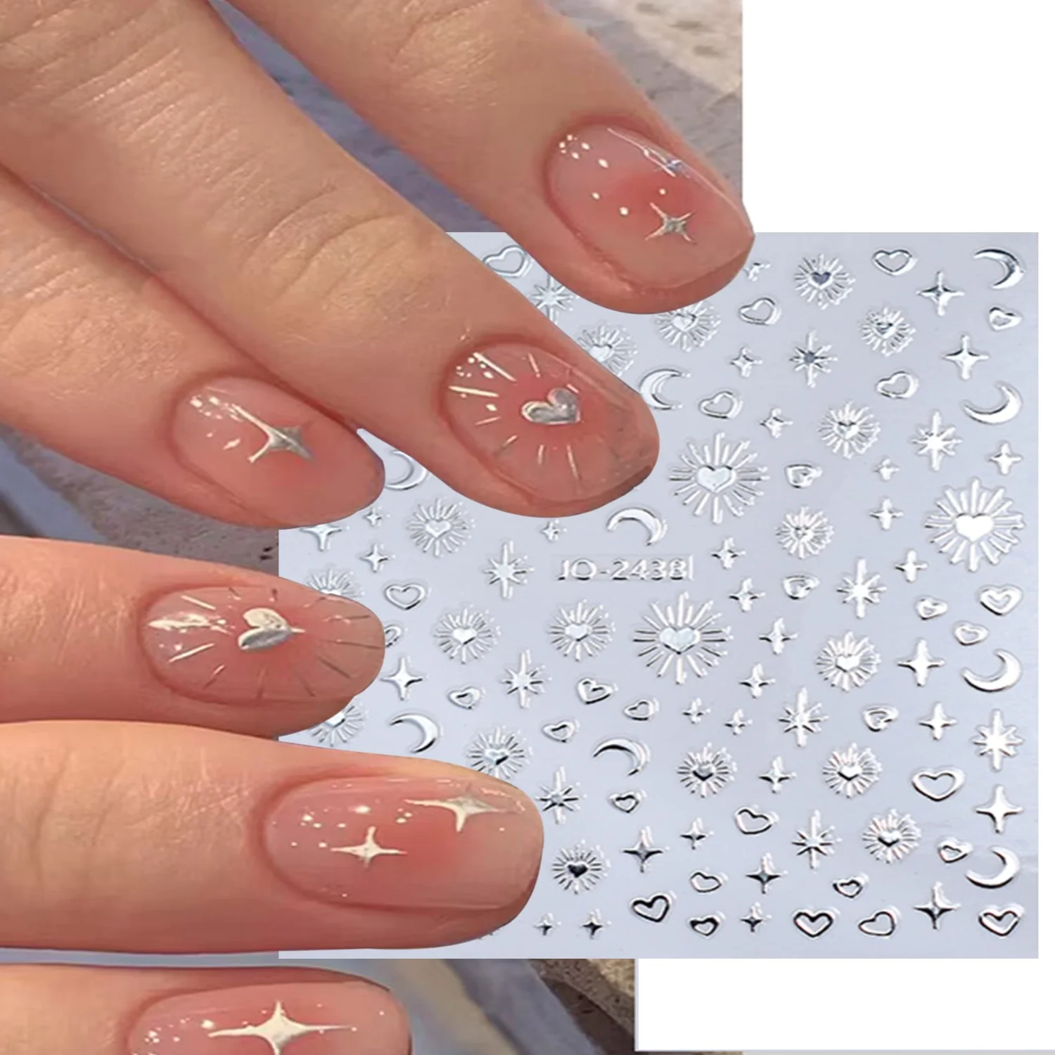 

1 Sheet Silver Star Moon Heart Totem Adhesive Nail Art Sticker For DIY Nail Decorations Y2K-Style Nail Art Decals Nail Design Ma