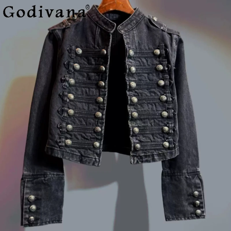 

2026 Spring New Heavy Industry Solid Color Stand-up Collar Leisure Denim Jacket Top Fashion Versatile Age-reducing Street Tops