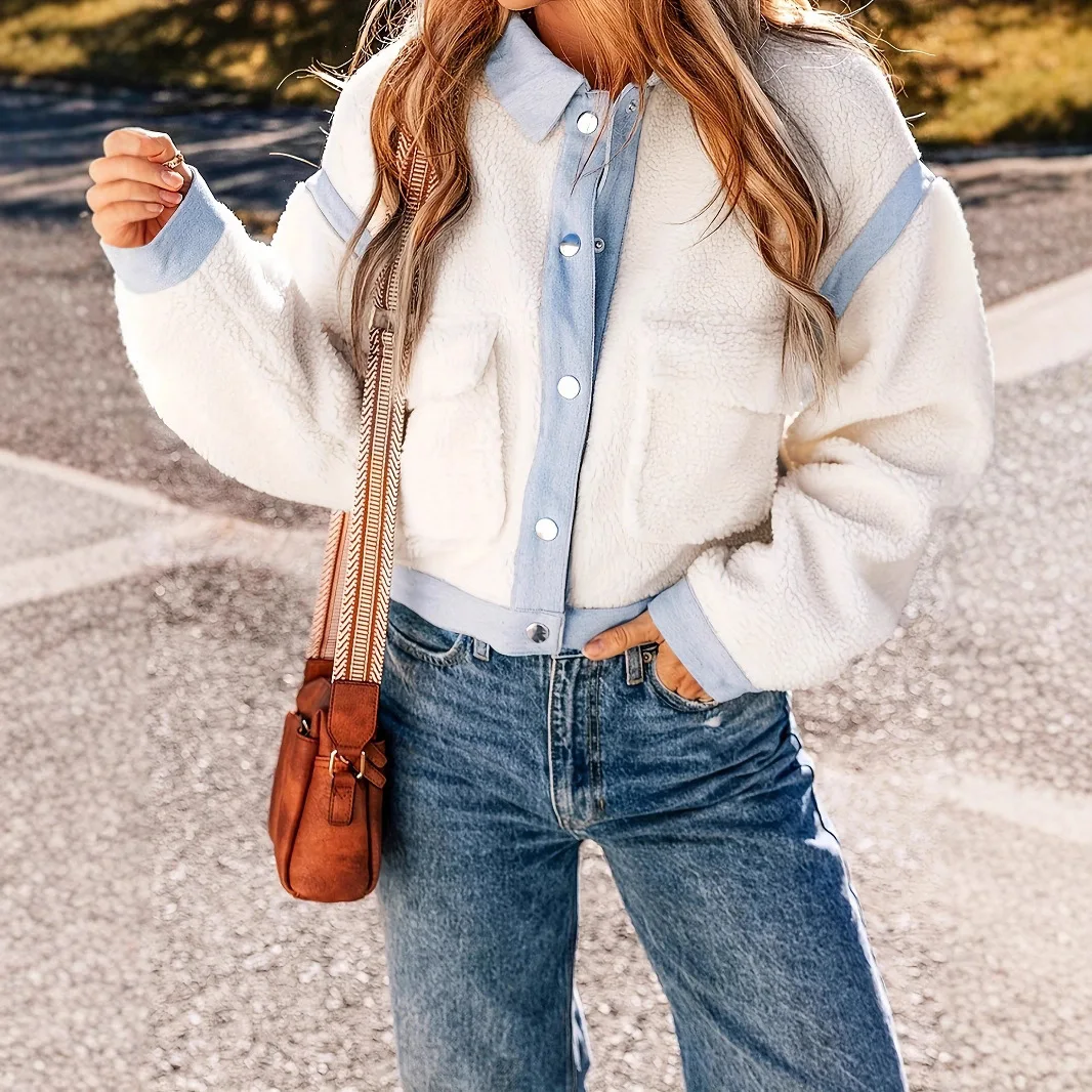 

Европейско-американская модная плюшевая куртка, белая контрастная отделка, женская верхняя одежда с застежкой, пальто