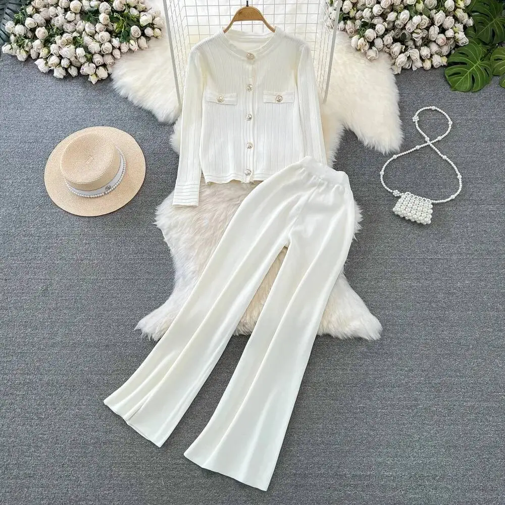 Korea Chic Minority O Neck Knit Cardigan Straight High Waist Slim Wid Leg Pants Solid Casual Personalized Suit Pant