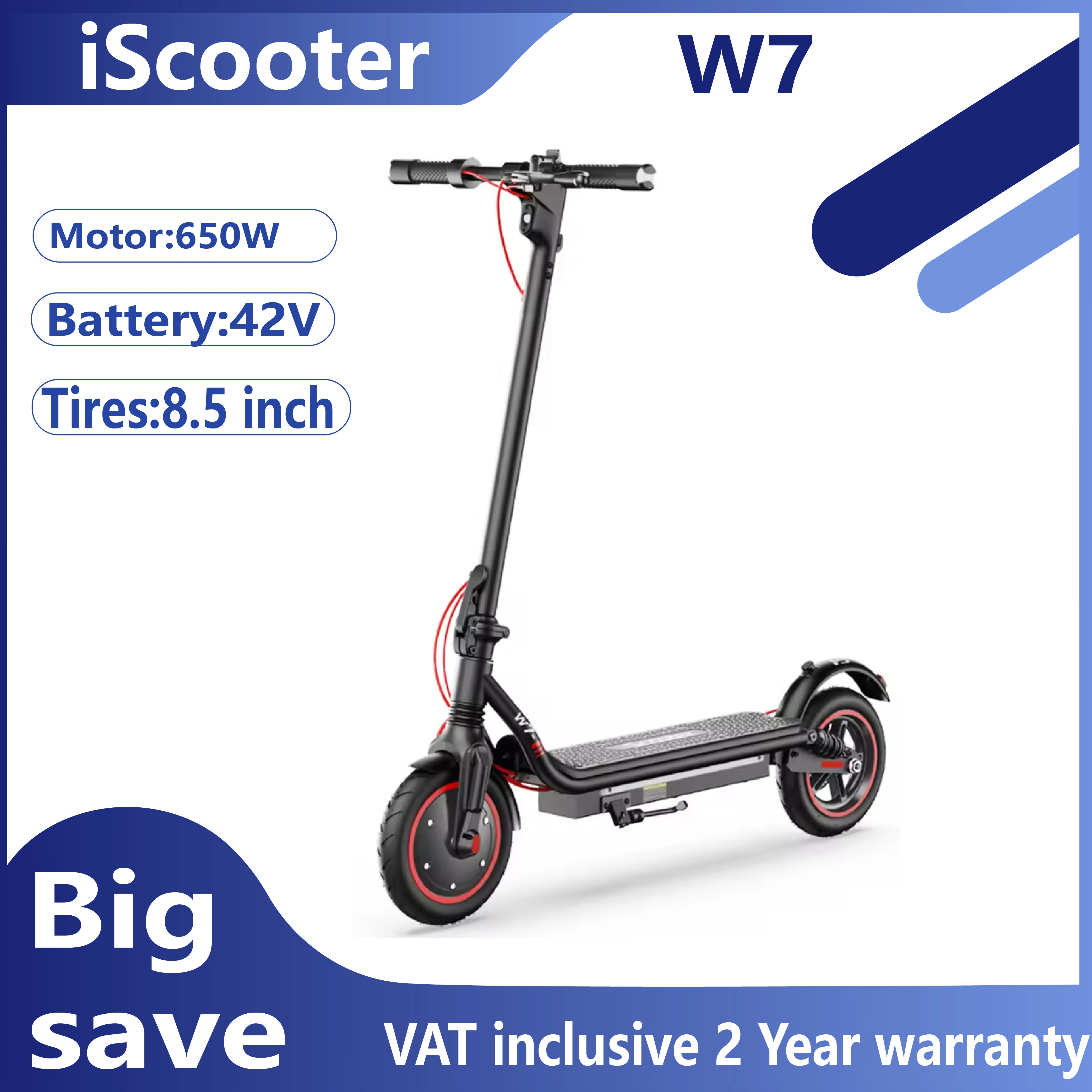 Trottinette électrique iScooter W7 8,5 pouces 650W pour adultes 42V10.5Ah 30km/h Trottinette pliable à double amortissement